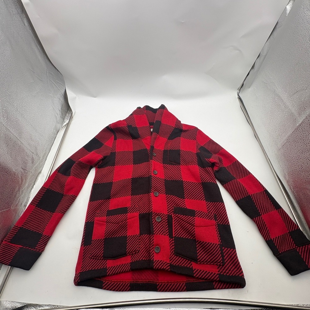Levi's Mens Red Black Buffalo Plaid Shawl Collar Button Front Cardigan Sweater M